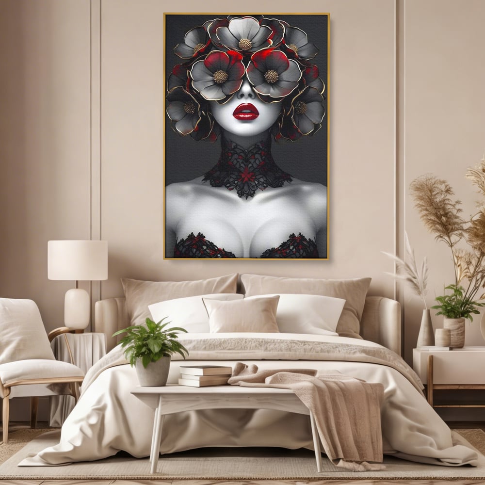 Tablou canvas cu tablou canvas portret feminin gotic, in rama de aluminiu auriu, pe perete intr-un dormitor